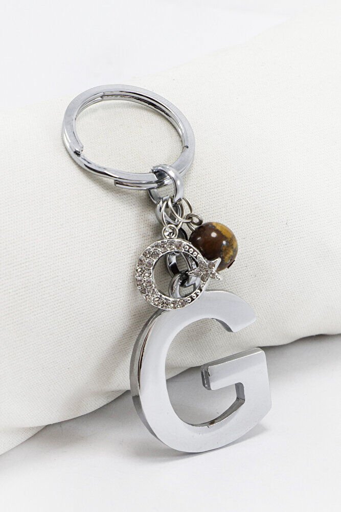 Parlak Taşlı Ay Yıldızlı Kaplan Gözü Doğal Taşlı Gümüş Renkli Metal G Harfi Anahtarlık