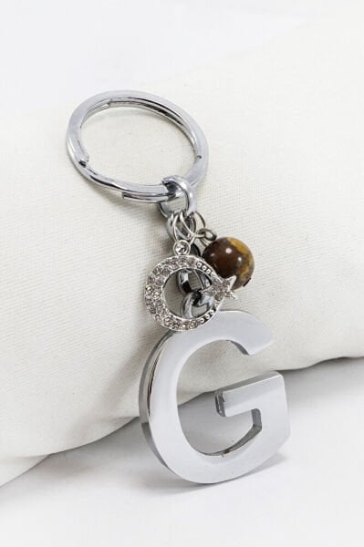 Parlak Taşlı Ay Yıldızlı Kaplan Gözü Doğal Taşlı Gümüş Renkli Metal G Harfi Anahtarlık