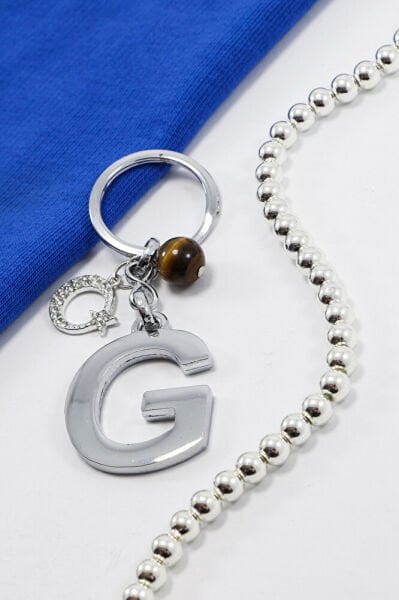 Parlak Taşlı Ay Yıldızlı Kaplan Gözü Doğal Taşlı Gümüş Renkli Metal G Harfi Anahtarlık