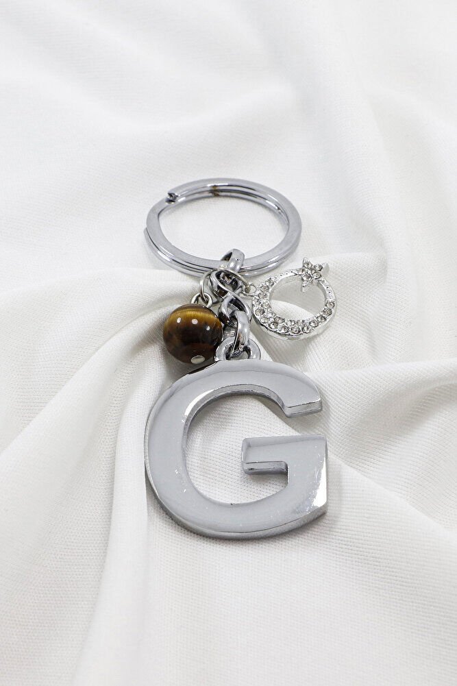 Parlak Taşlı Ay Yıldızlı Kaplan Gözü Doğal Taşlı Gümüş Renkli Metal G Harfi Anahtarlık