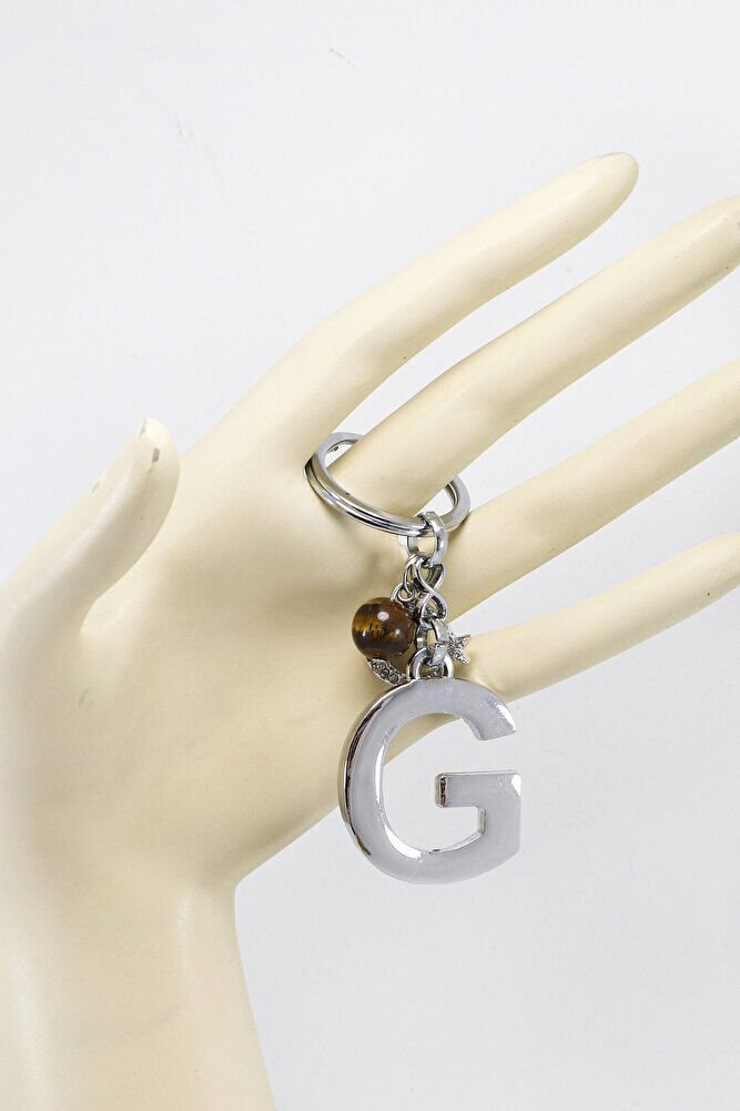 Parlak Taşlı Ay Yıldızlı Kaplan Gözü Doğal Taşlı Gümüş Renkli Metal G Harfi Anahtarlık