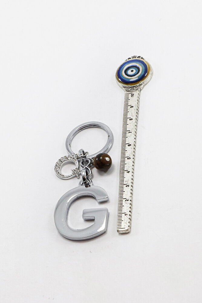 Parlak Taşlı Ay Yıldızlı Kaplan Gözü Doğal Taşlı Gümüş Renkli Metal G Harfi Anahtarlık