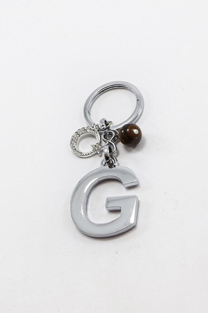 Parlak Taşlı Ay Yıldızlı Kaplan Gözü Doğal Taşlı Gümüş Renkli Metal G Harfi Anahtarlık