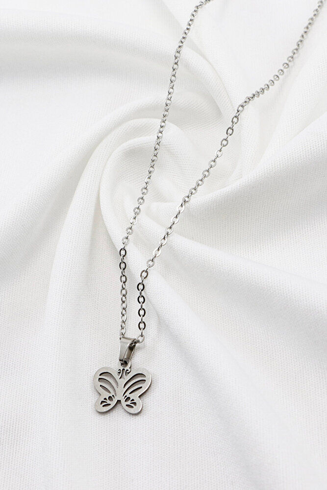 Paslanmaz Çelik Gümüş Renk Kelebekli Çelik Kolye , Hediyelik Kolye (60 cm)
