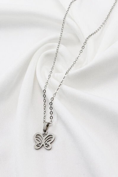 Paslanmaz Çelik Gümüş Renk Kelebekli Çelik Kolye , Hediyelik Kolye (60 cm)