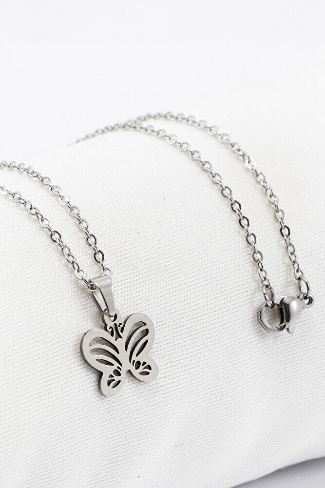 Paslanmaz Çelik Gümüş Renk Kelebekli Çelik Kolye , Hediyelik Kolye (60 cm)