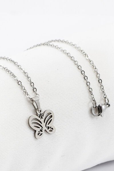 Paslanmaz Çelik Gümüş Renk Kelebekli Çelik Kolye , Hediyelik Kolye (60 cm)