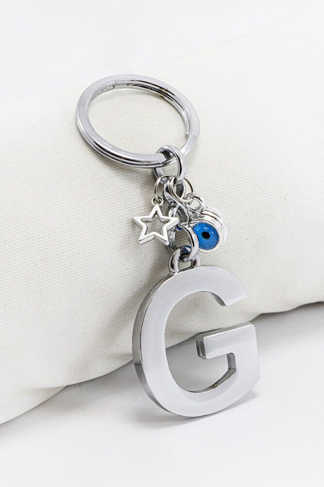 Çerçeveli Nazarlı Minik Yıldızlı Gümüş Renkli Metal G Harfi Anahtarlık / Hediyelik Çanta Süsü