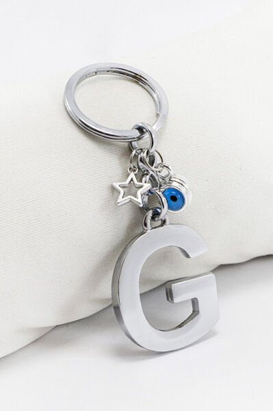 Çerçeveli Nazarlı Minik Yıldızlı Gümüş Renkli Metal G Harfi Anahtarlık / Hediyelik Çanta Süsü