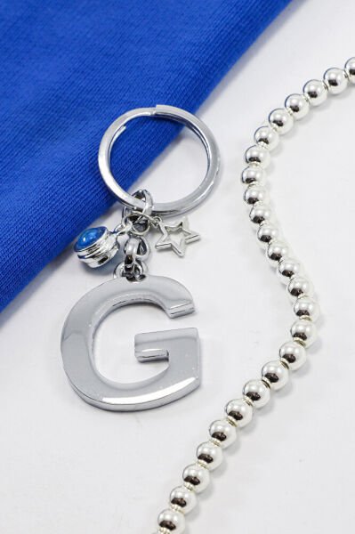 Çerçeveli Nazarlı Minik Yıldızlı Gümüş Renkli Metal G Harfi Anahtarlık / Hediyelik Çanta Süsü