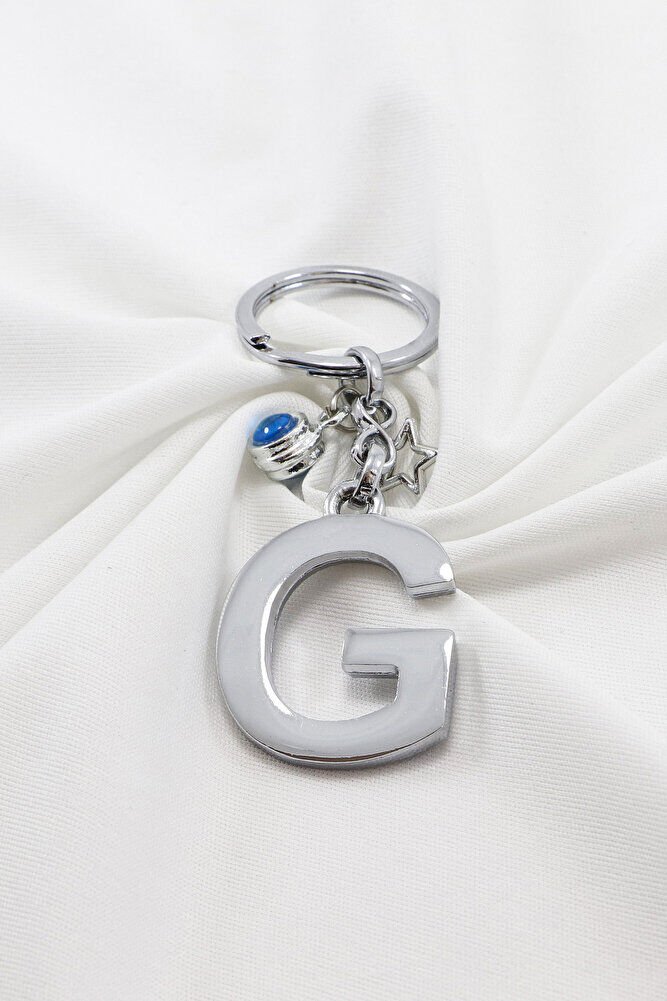 Çerçeveli Nazarlı Minik Yıldızlı Gümüş Renkli Metal G Harfi Anahtarlık / Hediyelik Çanta Süsü