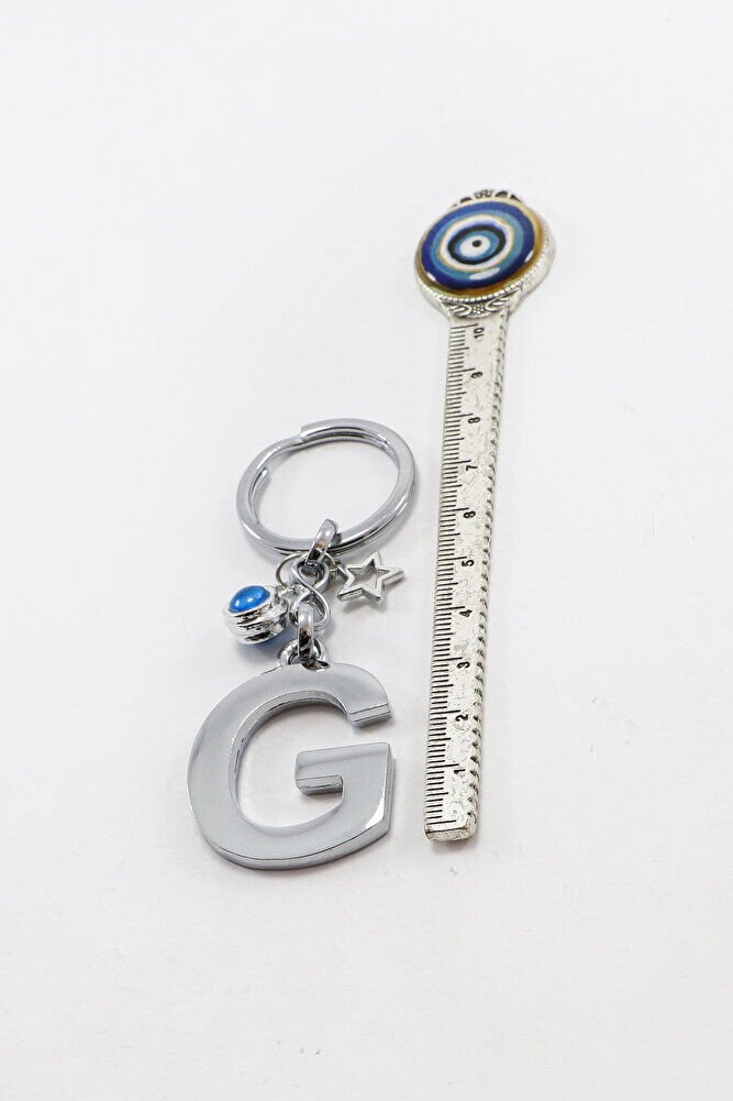 Çerçeveli Nazarlı Minik Yıldızlı Gümüş Renkli Metal G Harfi Anahtarlık / Hediyelik Çanta Süsü