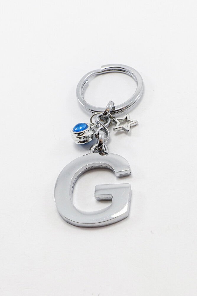Çerçeveli Nazarlı Minik Yıldızlı Gümüş Renkli Metal G Harfi Anahtarlık / Hediyelik Çanta Süsü