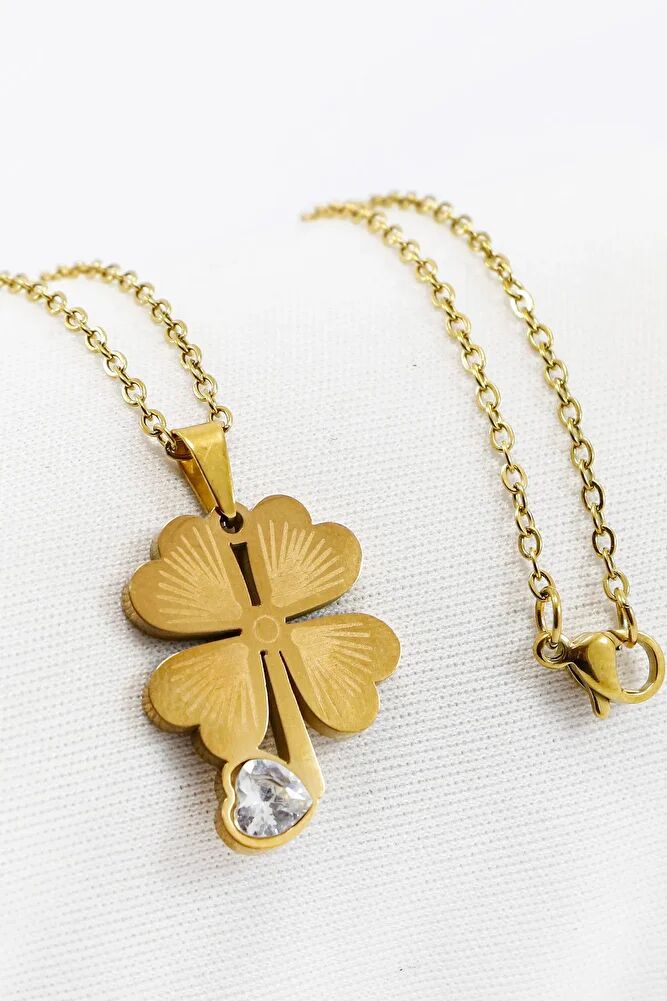 Paslanmaz Çelik Gold Renkli Dört Yapraklı Şans Yoncalı Çelik Kolye , Hediyelik Kolye (60 cm)