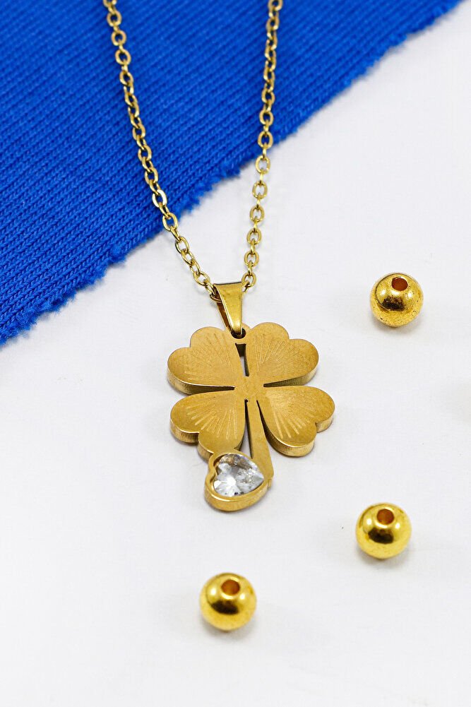 Paslanmaz Çelik Gold Renkli Dört Yapraklı Şans Yoncalı Çelik Kolye , Hediyelik Kolye (60 cm)