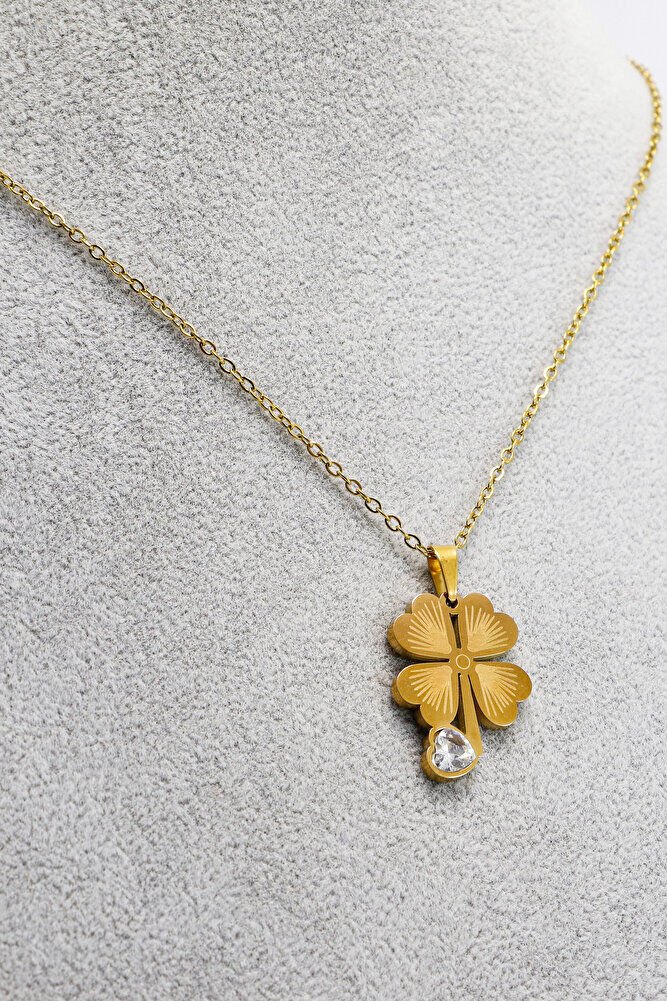 Paslanmaz Çelik Gold Renkli Dört Yapraklı Şans Yoncalı Çelik Kolye , Hediyelik Kolye (60 cm)