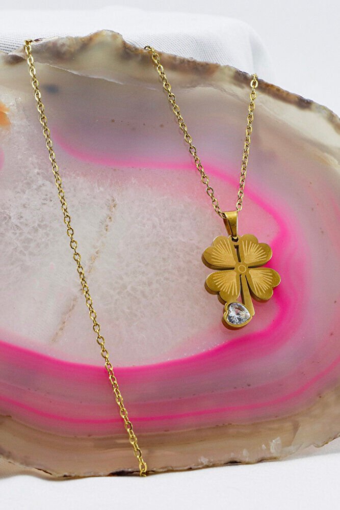 Paslanmaz Çelik Gold Renkli Dört Yapraklı Şans Yoncalı Çelik Kolye , Hediyelik Kolye (60 cm)