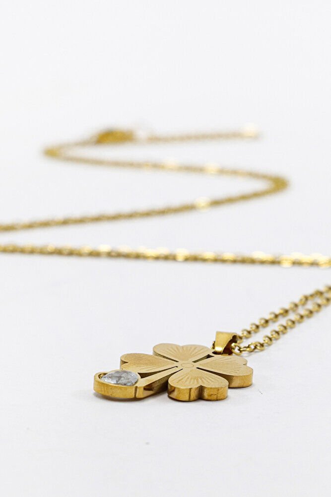 Paslanmaz Çelik Gold Renkli Dört Yapraklı Şans Yoncalı Çelik Kolye , Hediyelik Kolye (60 cm)