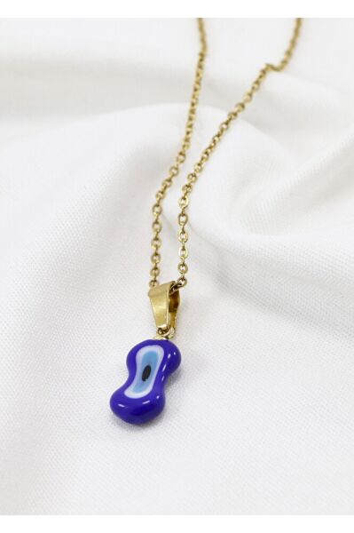 Minimal Lacivert Elips Cam Nazar Boncuklu Kolye, Hediyelik Kolye (60 cm)