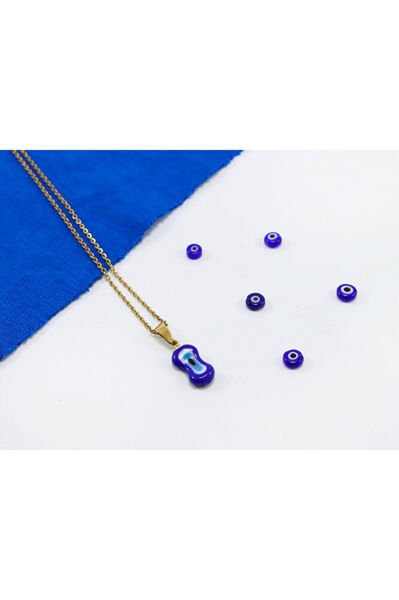 Minimal Lacivert Elips Cam Nazar Boncuklu Kolye, Hediyelik Kolye (60 cm)
