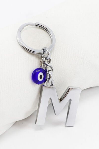 El Yapımı Lacivert Cam Yassı Nazarlı Gümüş Renkli Metal M Harfi Anahtarlık / Hediyelik Çanta Süsü