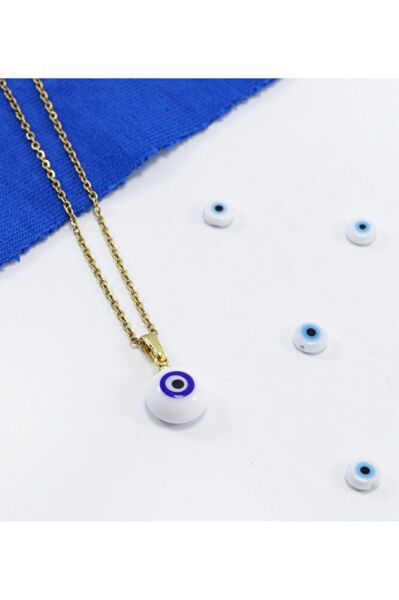Minimal Beyaz Cam Nazar Boncuklu Kolye, Hediyelik Kolye (60 cm)