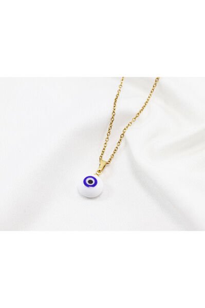 Minimal Beyaz Cam Nazar Boncuklu Kolye, Hediyelik Kolye (60 cm)