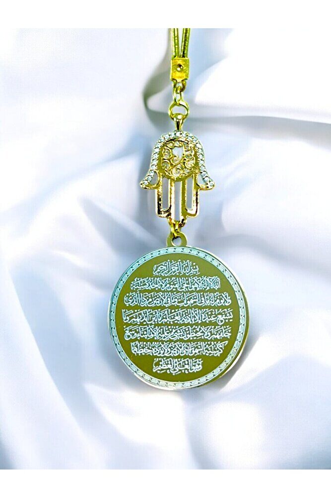 Hamse Eli Altın  Renkli Çelik Çift Taraflı Ayetel Kürsi / Felak Nas Ihlas Araba Dikiz Ayna Süsü