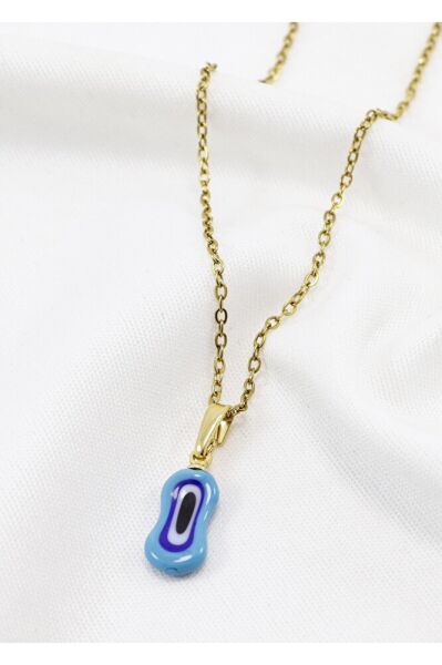 Minimal Mavi Elips Cam Nazar Boncuklu Kolye, Hediyelik Kolye (60 cm)