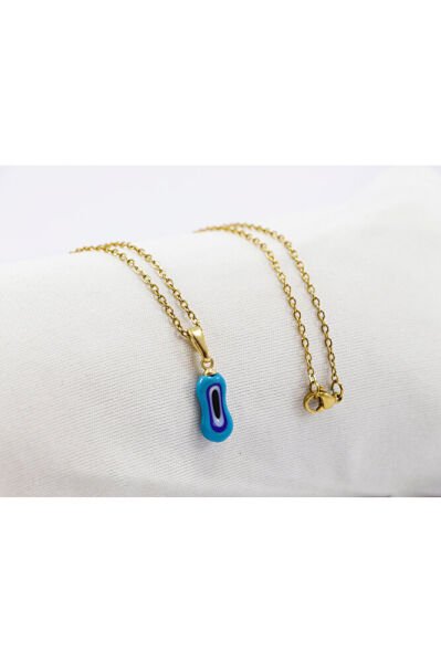 Minimal Mavi Elips Cam Nazar Boncuklu Kolye, Hediyelik Kolye (60 cm)