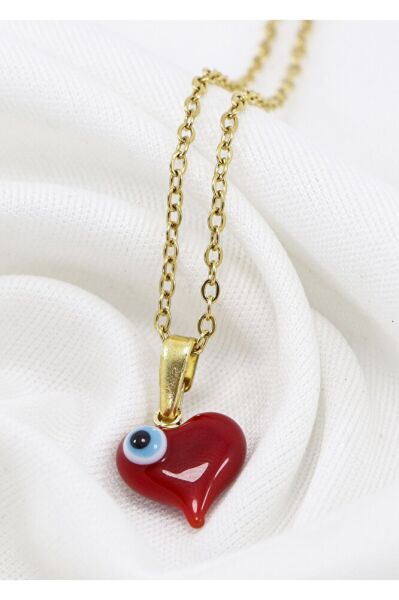 Minimal Kırmızı Cam Nazar Boncuklu Kalpli Kolye, Hediyelik Kalpli Kolye (60 cm)