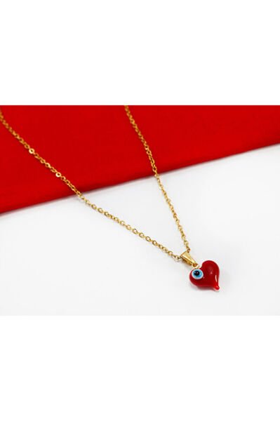 Minimal Kırmızı Cam Nazar Boncuklu Kalpli Kolye, Hediyelik Kalpli Kolye (60 cm)
