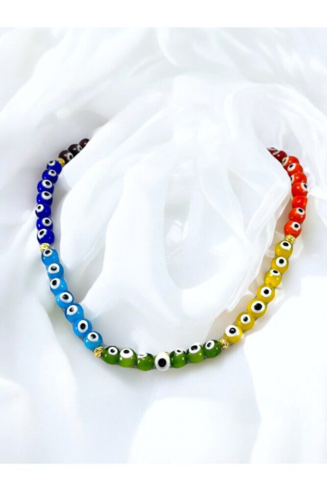 Renkli El Yapımı Cam Nazar Boncuklu Kolye, Hediyelik Renkli Bijuteri Takı