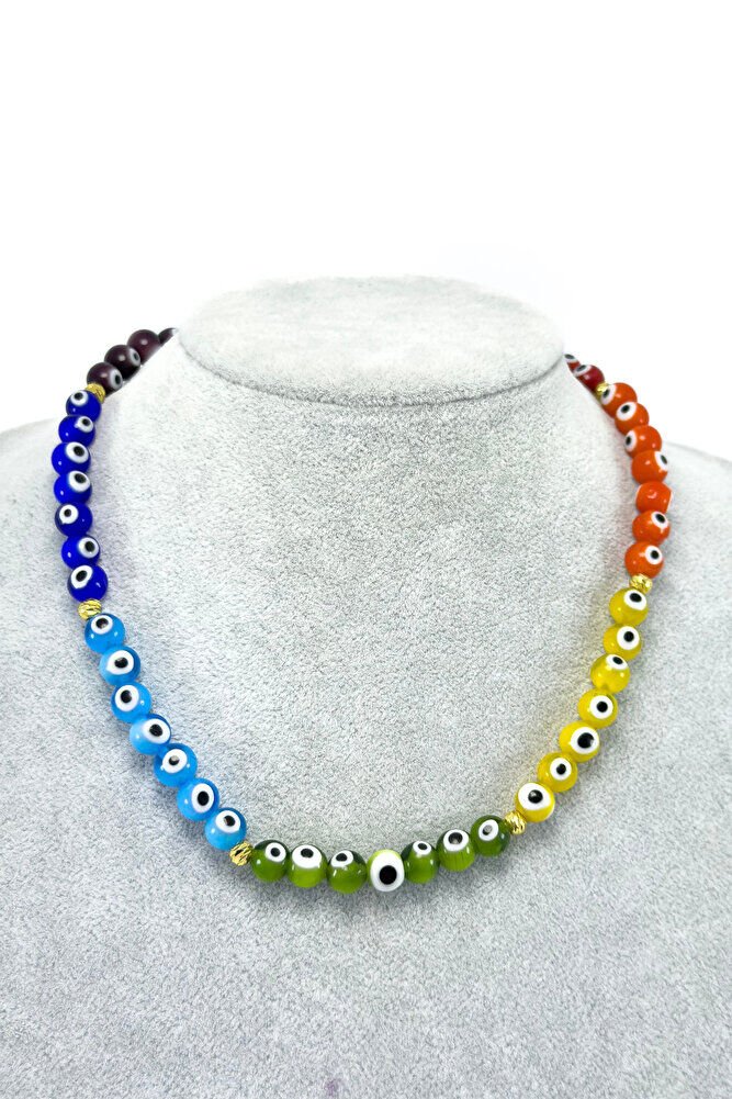 Renkli El Yapımı Cam Nazar Boncuklu Kolye, Hediyelik Renkli Bijuteri Takı