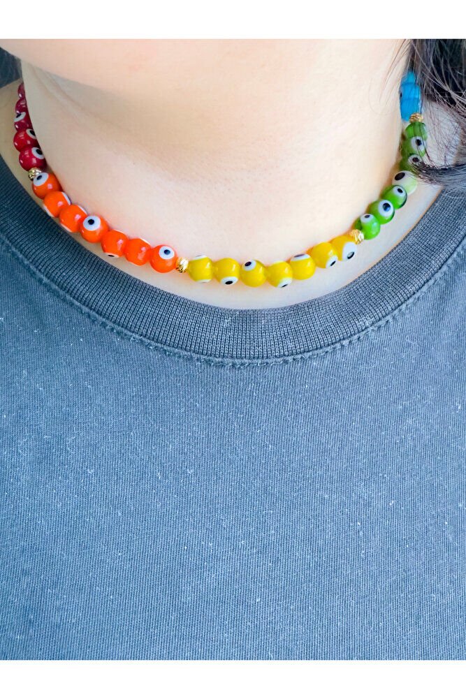 Renkli El Yapımı Cam Nazar Boncuklu Kolye, Hediyelik Renkli Bijuteri Takı