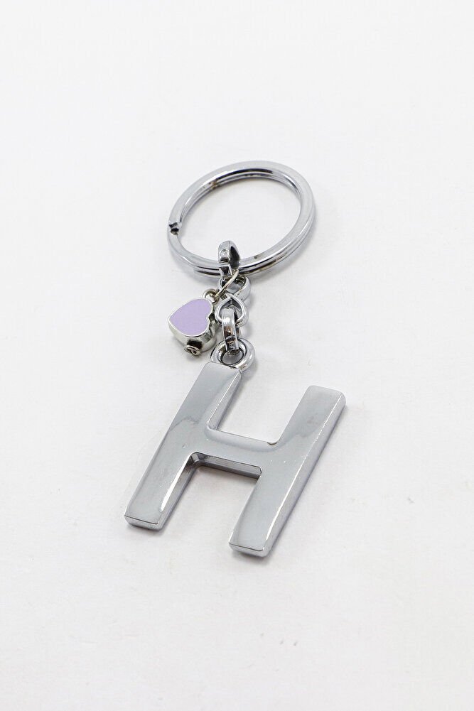 Çerçeveli Lila Minik Kalpli Gümüş Renkli Metal H Harfi Anahtarlık / Hediyelik Çanta Süsü
