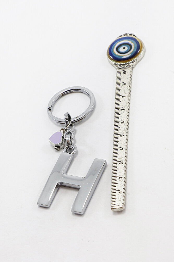Çerçeveli Lila Minik Kalpli Gümüş Renkli Metal H Harfi Anahtarlık / Hediyelik Çanta Süsü