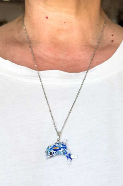 Murano Yunus Nazar Boncuğu Çelik Zincirli Kolye, Hediyelik Yunus Kolye