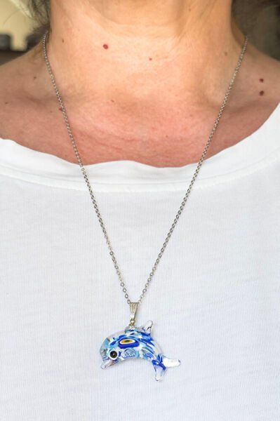 Murano Yunus Nazar Boncuğu Çelik Zincirli Kolye, Hediyelik Yunus Kolye