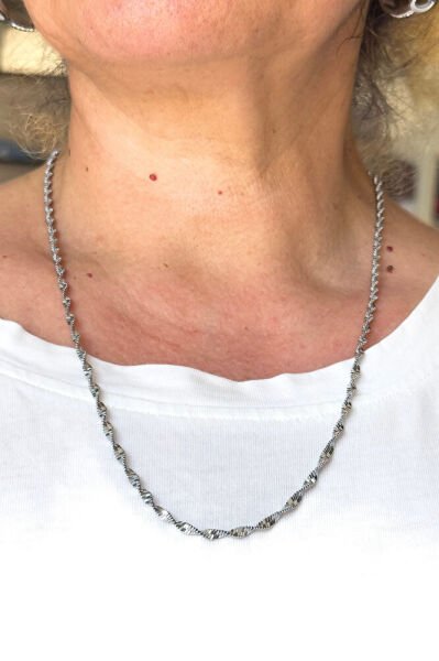 Gümüş Renk Çelik Burmalı Kolye, Hediyelik Çelik Burgu Zincir