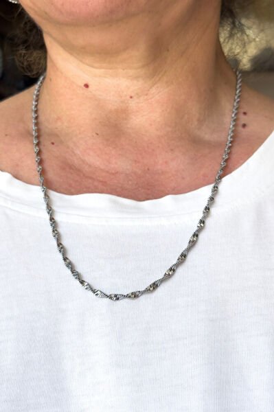 Gümüş Renk Çelik Burmalı Kolye, Hediyelik Çelik Burgu Zincir