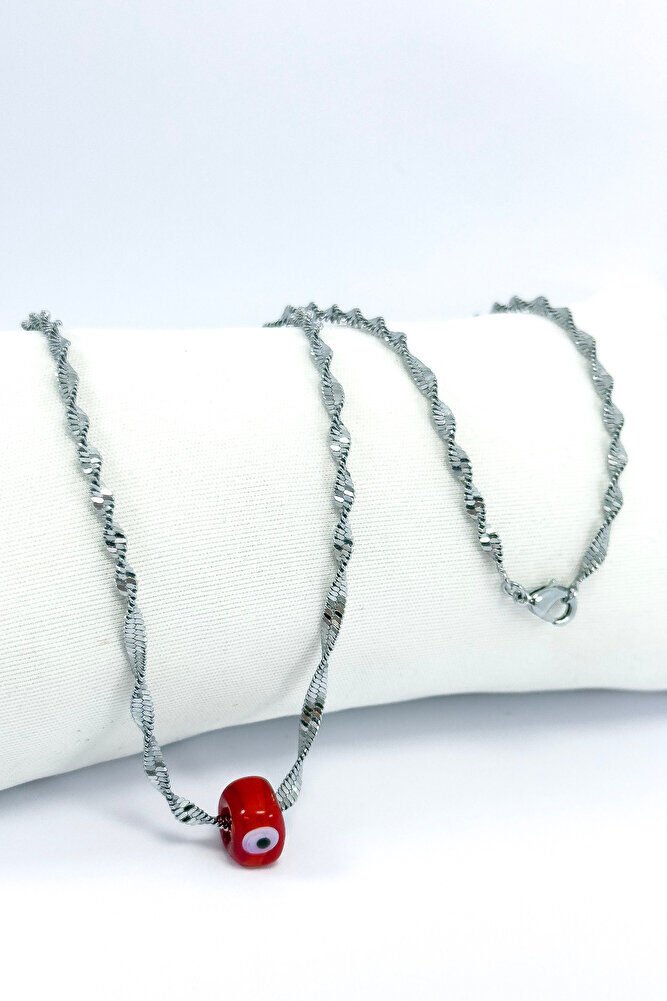 El Yapımı Kırmızı Cam Nazar Boncuklu Gümüş Renk Çelik Burmalı Kolye