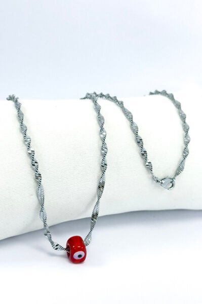 El Yapımı Kırmızı Cam Nazar Boncuklu Gümüş Renk Çelik Burmalı Kolye