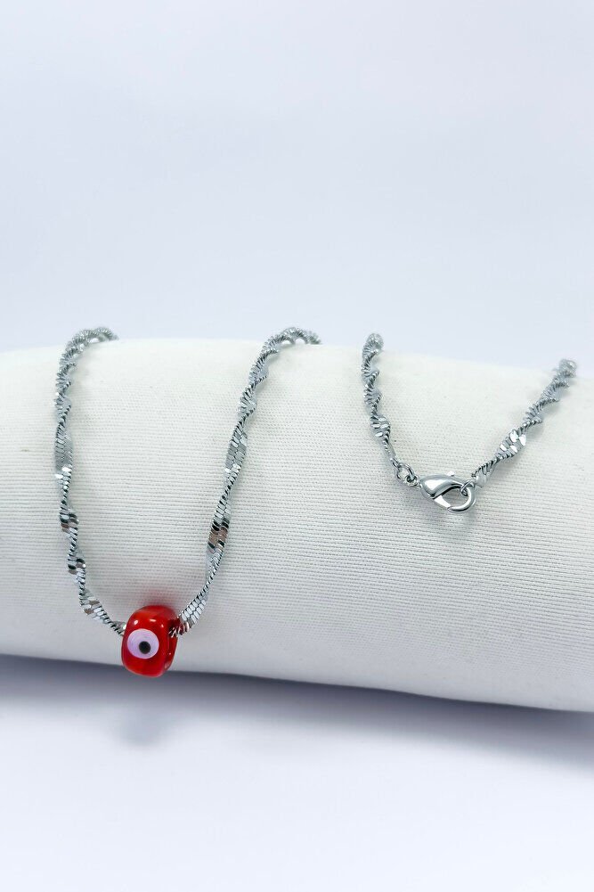El Yapımı Kırmızı Cam Nazar Boncuklu Gümüş Renk Çelik Burmalı Kolye