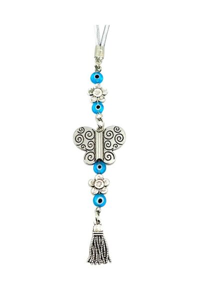 Nazar Boncuklu, Çiçek Detaylı Metal Kelebek Araba Dikiz Ayna Süsü/Püsküllü Yeni Araba Hediyesi