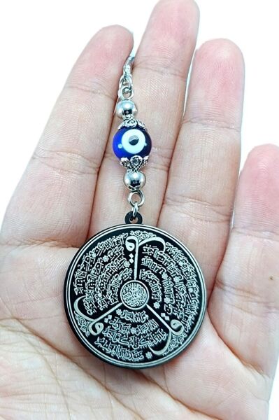 El Yapımı Cam Nazar Boncuğu Çelik Çift Taraflı Ayetel Kürsi / Felak Nas Ihlas Araba Dikiz Ayna Süsü