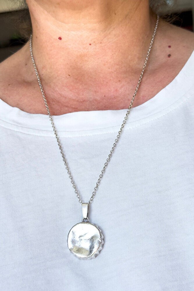 Gümüş Renkli Eskitme Metal Gazaoz Kapağı Kolye, Hediyelik Gazoz Kapaklı Kolye