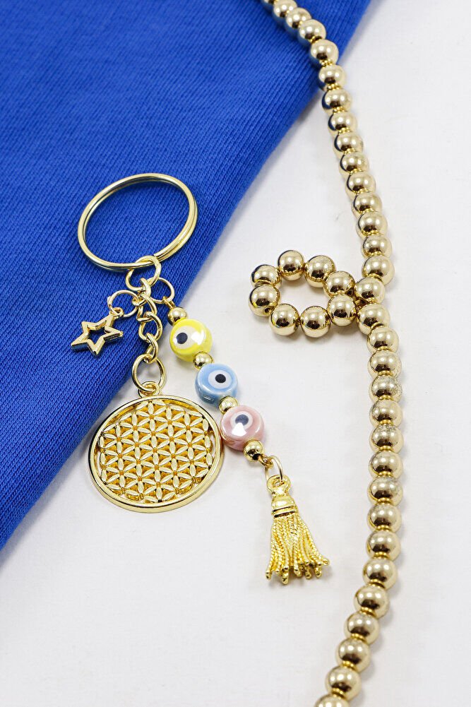 Gold Renkli Yaşam Çiçekli Salkım Seramik Renkli Boncuklu Anahtarlık, Hediyelik Çanta Süsü