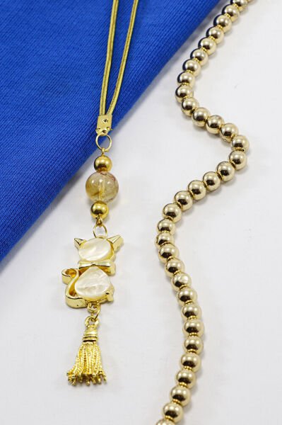 Sedefli Kedicik Püsküllü Araba Dikiz Ayna Süsü Doğal Taşlar: Sitrin