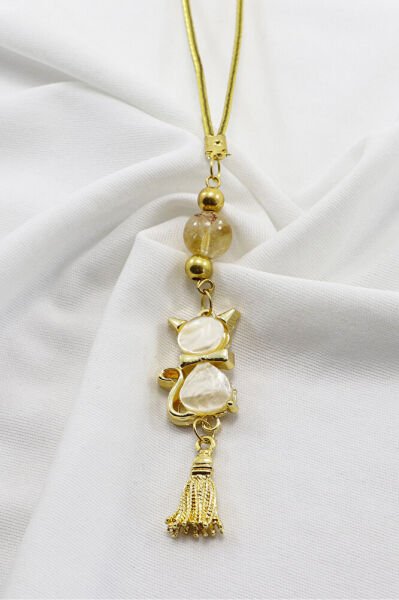 Sedefli Kedicik Püsküllü Araba Dikiz Ayna Süsü Doğal Taşlar: Sitrin